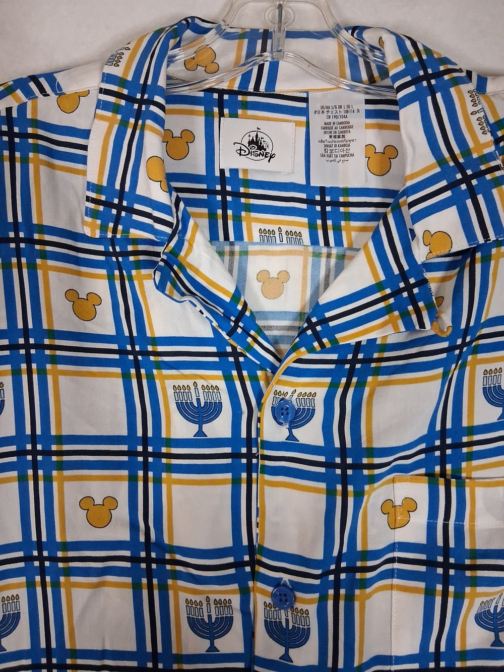 Disney Men's Size L Mickey Mouse Hanukkah Chanukah Menorah Camp Shirt Blue Plaid
